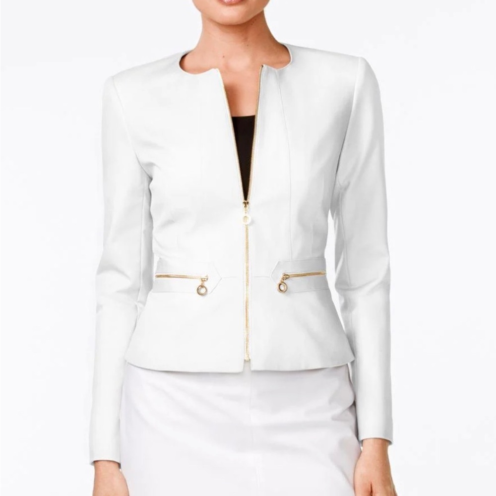 Calvin Klein Women's White Zip-front Collarless Jacket 8P